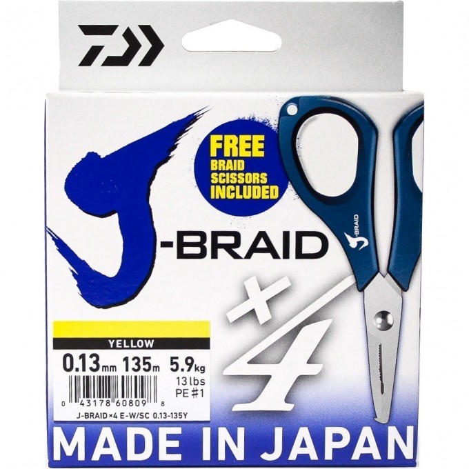 Шнур DAIWA J-Braid X4E-W/SC 0,13мм 135м желтый + ножницы 40002806 Шнур DAIWA J-Braid X4E-W/SC 0,13мм 135м желтый + ножницы 40002806