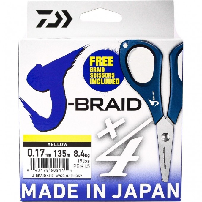 Шнур DAIWA J-Braid X4E-W/SC 0,17мм 135м желтый + ножницы 40002808 Шнур DAIWA J-Braid X4E-W/SC 0,17мм 135м желтый + ножницы 40002808