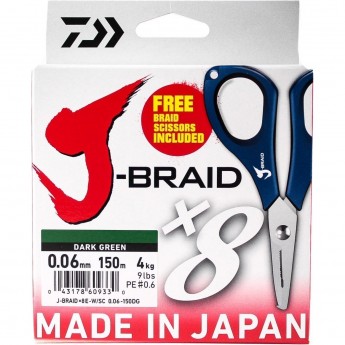 Шнур DAIWA J-Braid X8E-W/SC 0,06мм 150м dark green + ножницы Шнур DAIWA J-Braid X8E-W/SC 0,06мм 150м dark green + ножницы