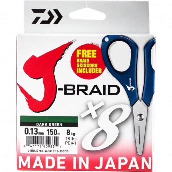 Шнур DAIWA J-Braid X8E-W/SC 0,13мм 150м dark green + ножницы Шнур DAIWA J-Braid X8E-W/SC 0,13мм 150м dark green + ножницы